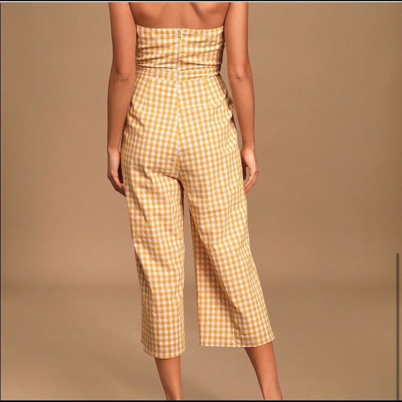 Lulus Skyline Mustard Yellow Gingham Strapless Culotte Jumpsuit - Picture 4 of 10